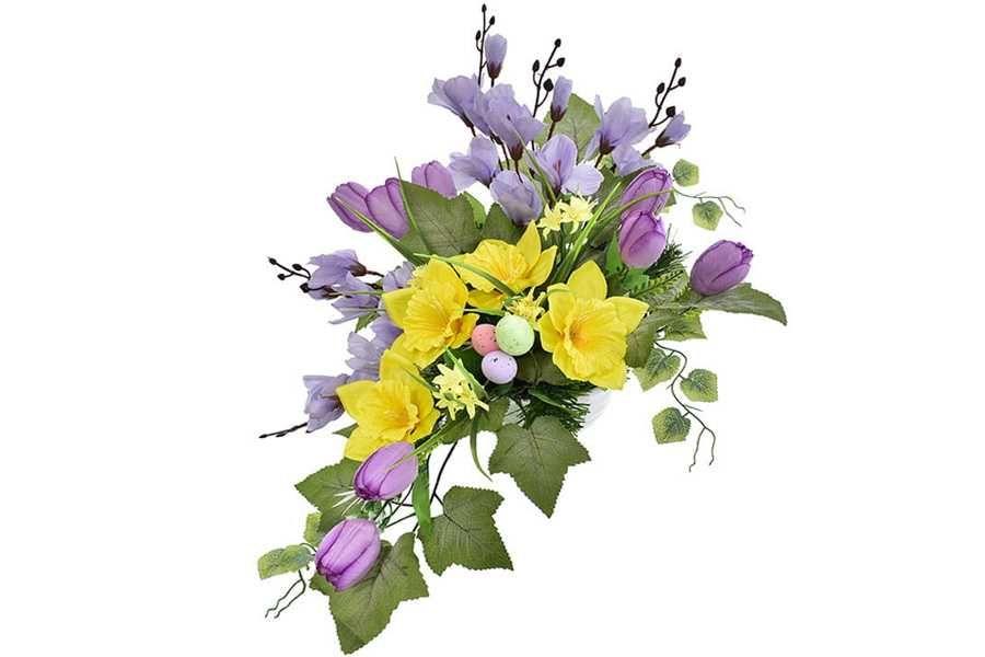 Kompozycja pomnik grób kwiat sztuczne liście donica żonkile tulipany