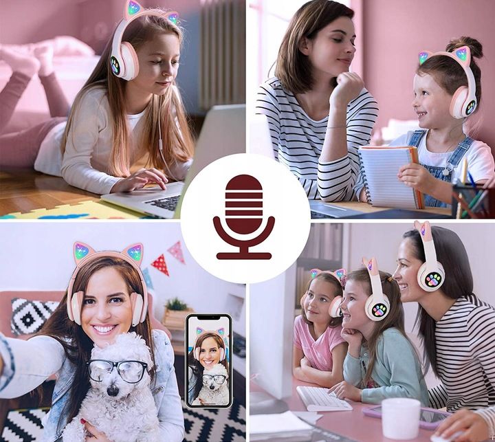 Słuchawki Bezprzewodowe Z Mikrofonem Kolorowe Kocie Uszy Led Dla Dziec