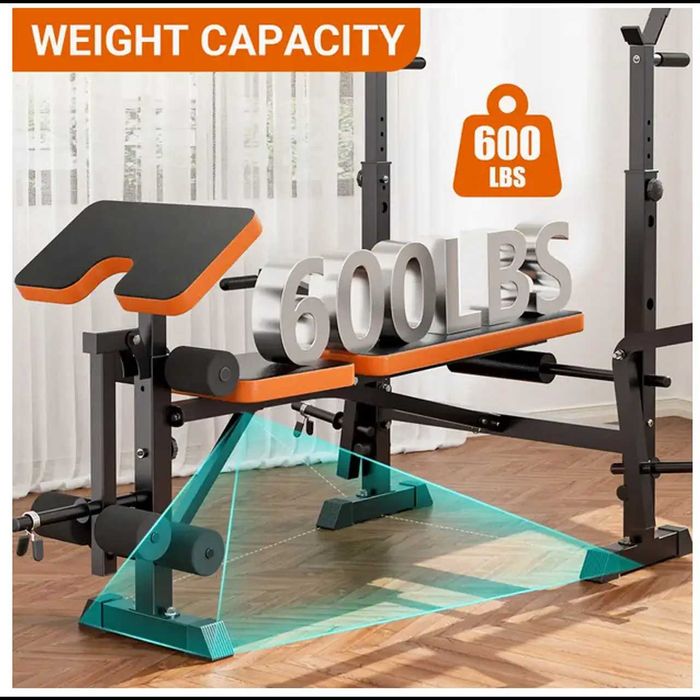 D38-Banco Musculação 6 em 1 com Suporte Agachamento, Banco Ajustável