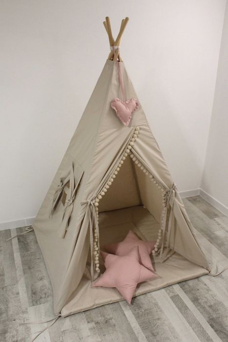 Dostępny od ręki! TIPI namiot beżowy, brudny róż, pomponiki