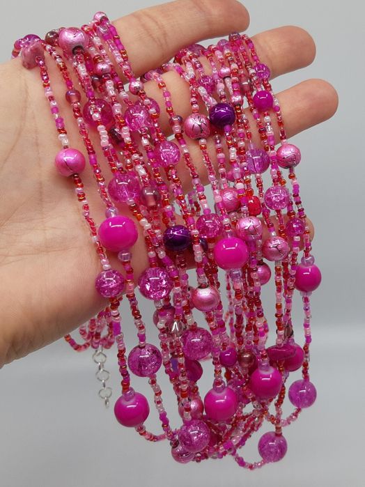 Naszyjnik Orientalna kaskada cukierkowy różowy warstwowy duży Handmade