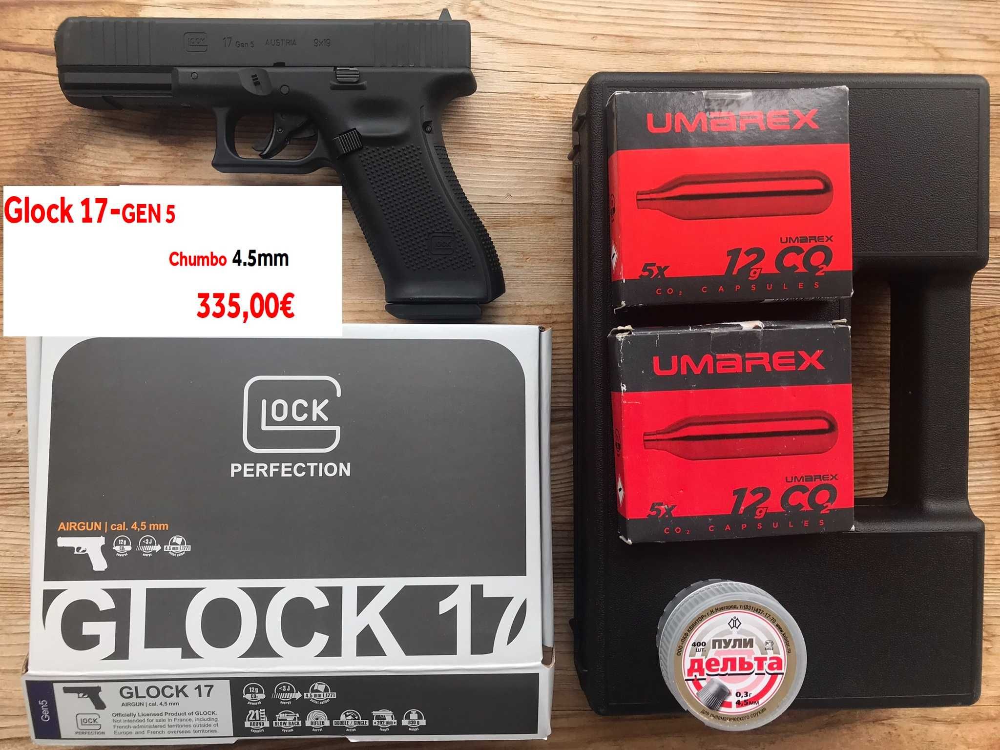 Pistola Pressão de ar (CO2) Glock 17+GEN4+GEN5 blowback de aço 4.5mm