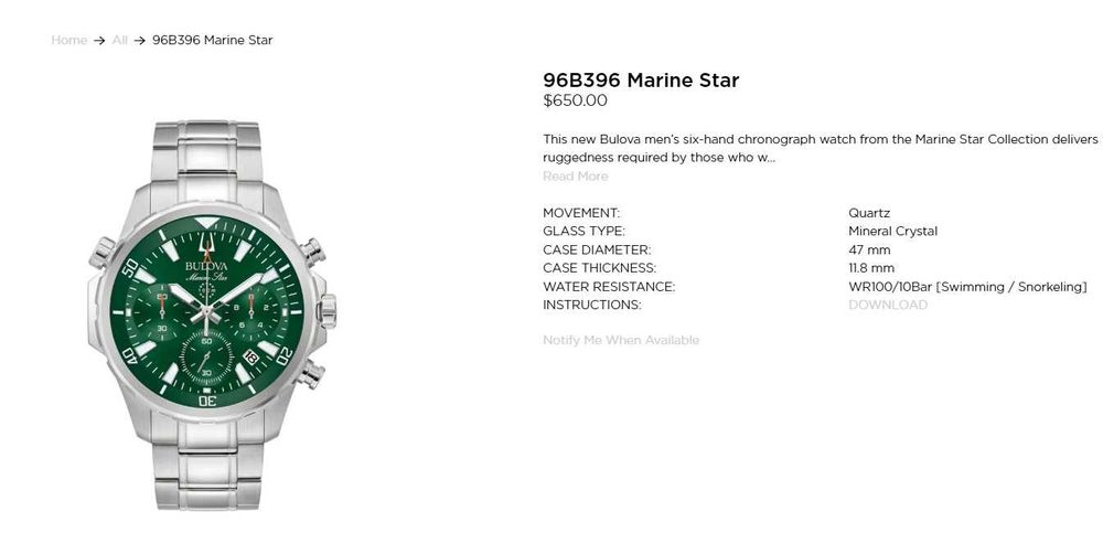 Bulova Marine Star 96B396 - хронограф, водостійкість 100м, 43 мм