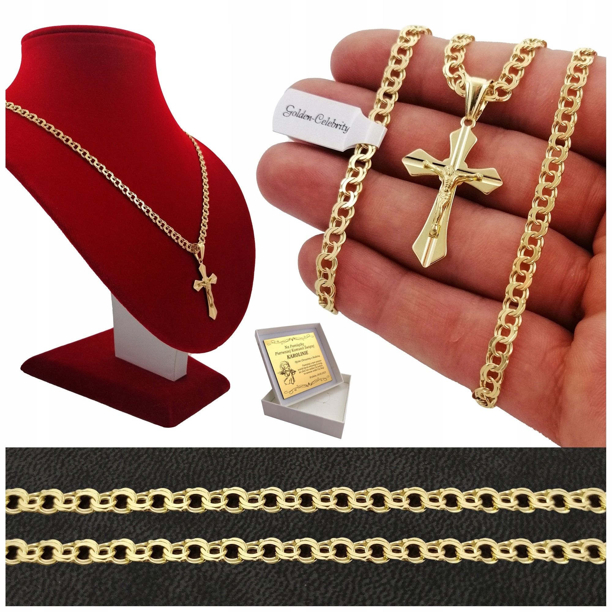 Złoty Łańcuszek 925 Krzyżyk Prezent Na Komunię Chrzest Dla Chłopca + G