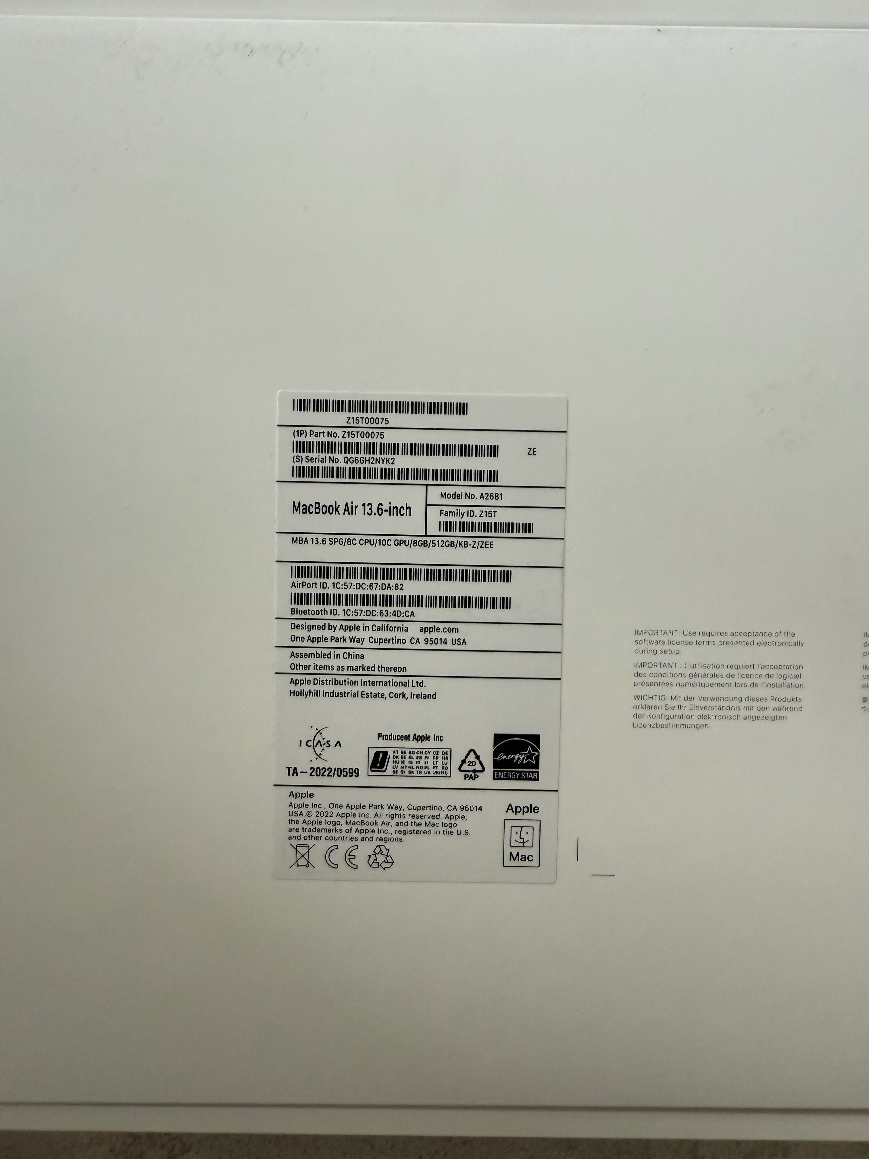 APPLE MACBOOK AIR M2 A2681 8 CPU 10GPU /512GB dysk / 8GB RAM igła