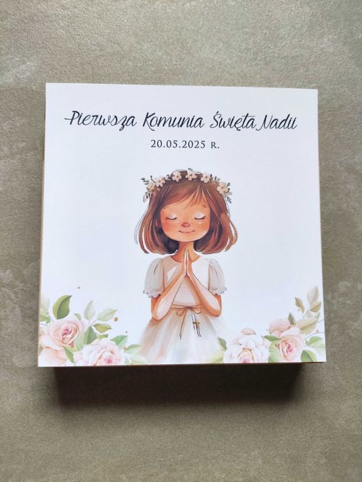 Pierwsza Komunia Święta drewniane pudełko życzenia podziękowania preze