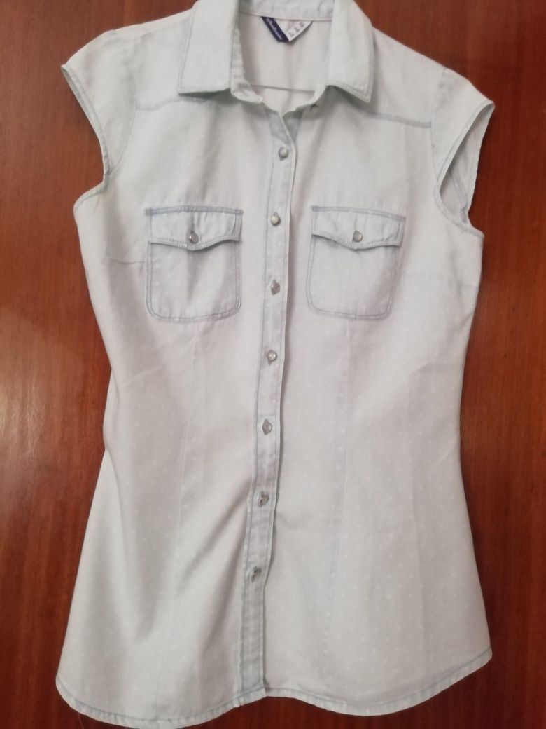 Camisa ganga s/mangas azul c/pintas brancas, Stradivarius