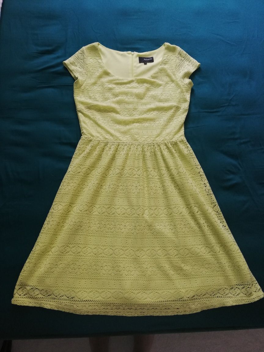 Sukienka Reserved retro boho lemonkowa-cytrynowa bawełna koronka r. L
