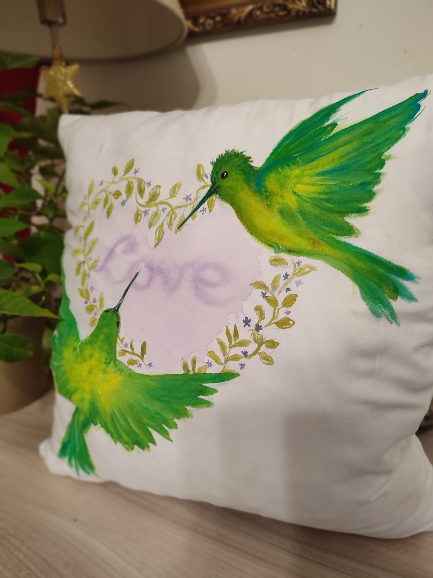 Poszewka kolibry walentynki rękodzieło Obraz malowany  handmade