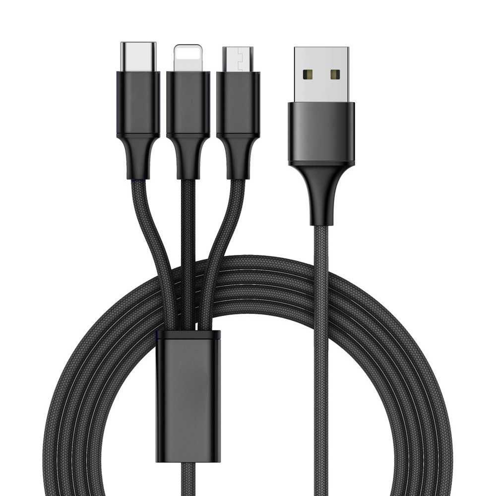 Kabel USB 3w1 do telefonu lightning micro usb typ c 1,2m srebrny