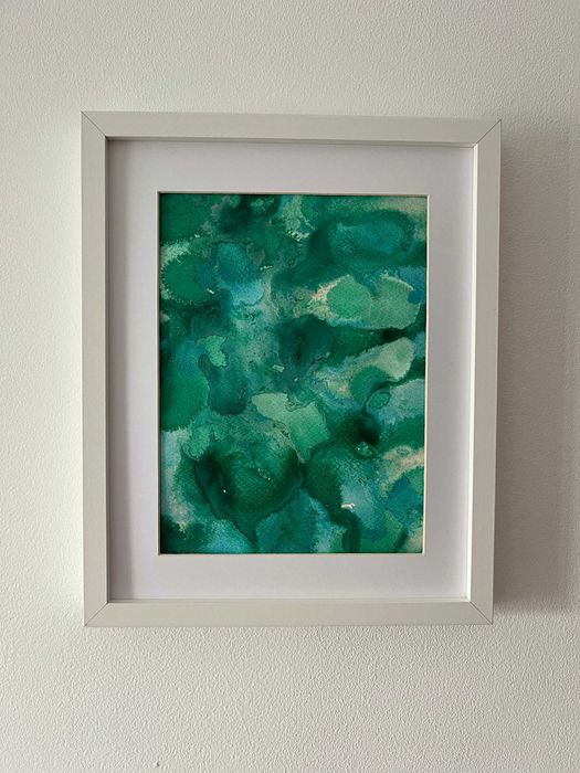 Pintura abstrata em acrílico em tons de verde e azul