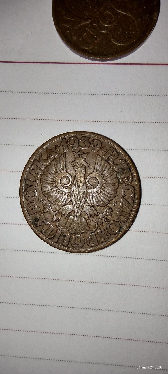 Moneta monety Polska 2 grosze oraz 5, znak WJ, herb Kościesza