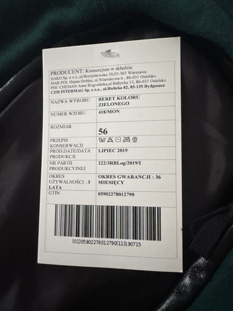 Beret koloru zielonego 418/MON r 56