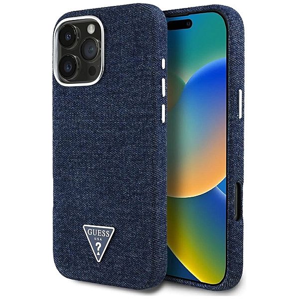 Etui Guess Denim Triangle Logo MagSafe na iPhone 16 Pro - niebieskie