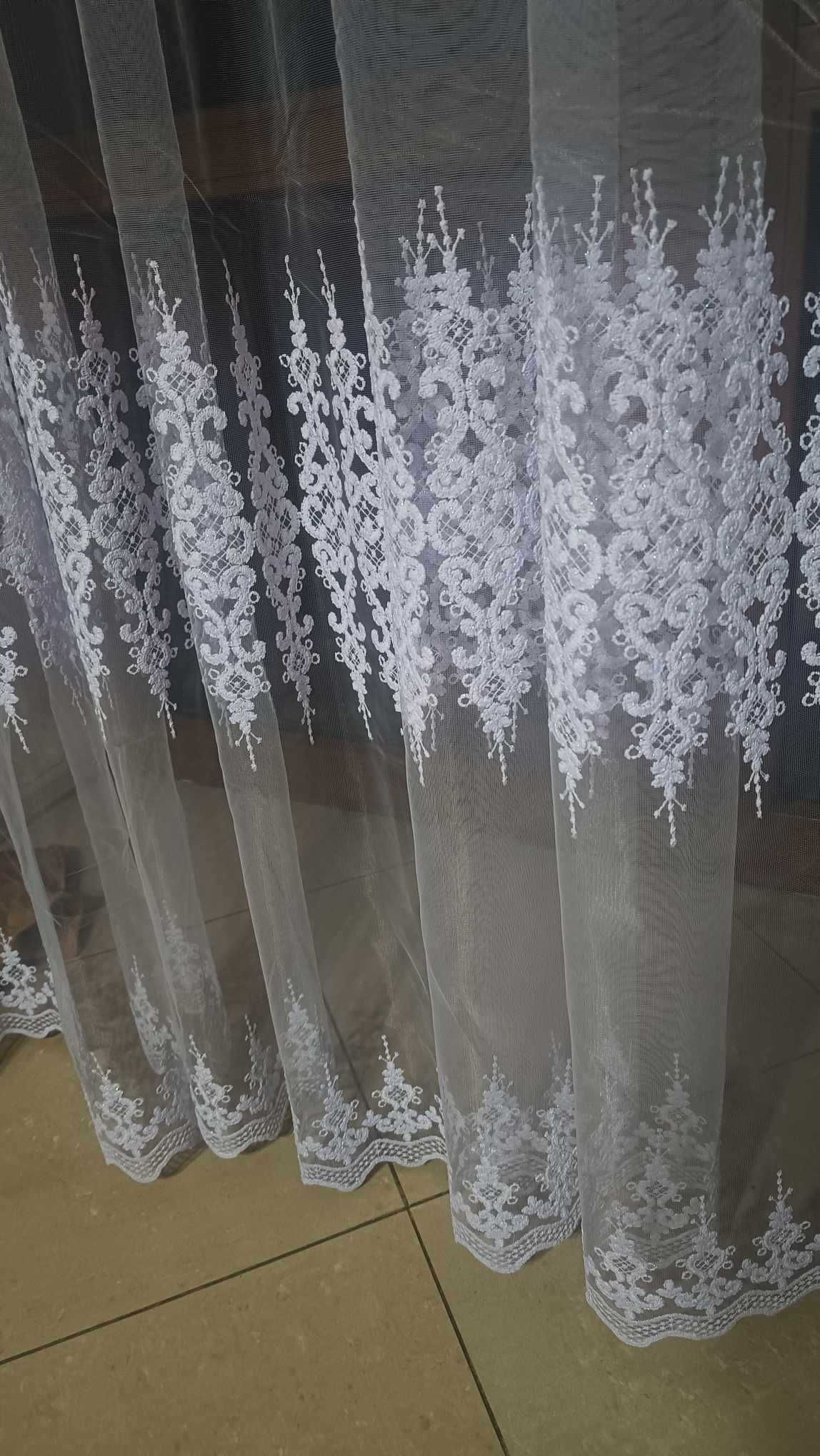 firanki z metra GŁADKA biała+6 rzędów HAFTU, wys 280 cm OBNIZKA