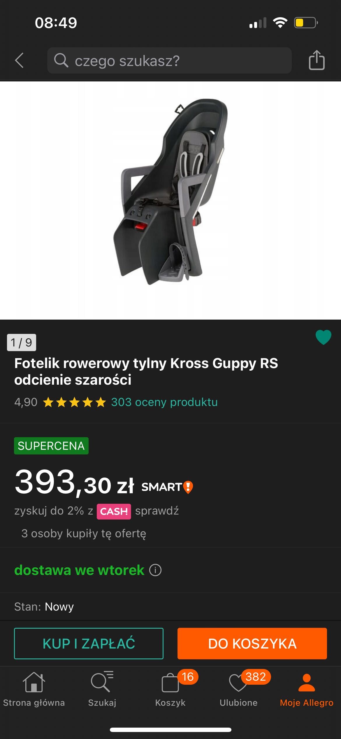 Fotelik dziecięcy rowerowy KROSS Guppy RS Szary 9-22 kg jak nowy