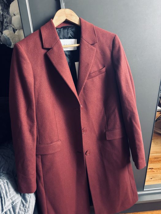 Dlugi wełniany płaszcz Calvin Klein burgundowy M 38