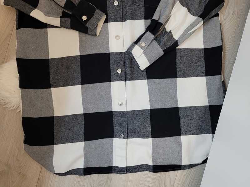 Biało-czarna, długa, cienka kurtka koszulowa w kratę, H&M, XL (42)