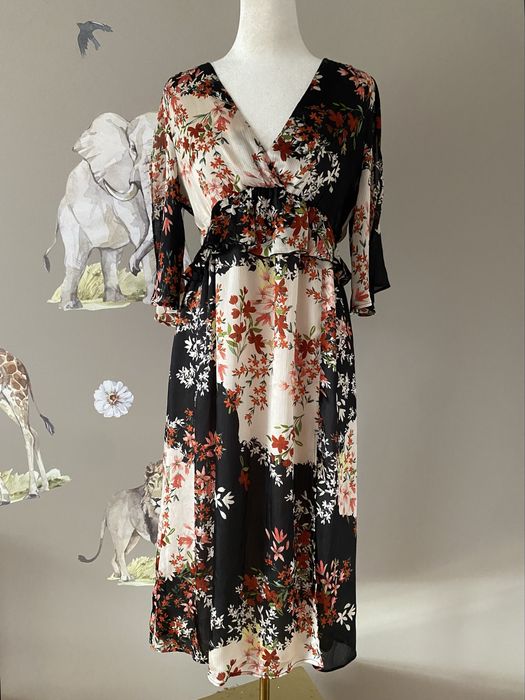 Elegancka kwiatowa sukienka midi Zara M 38 kopertowy dekolt