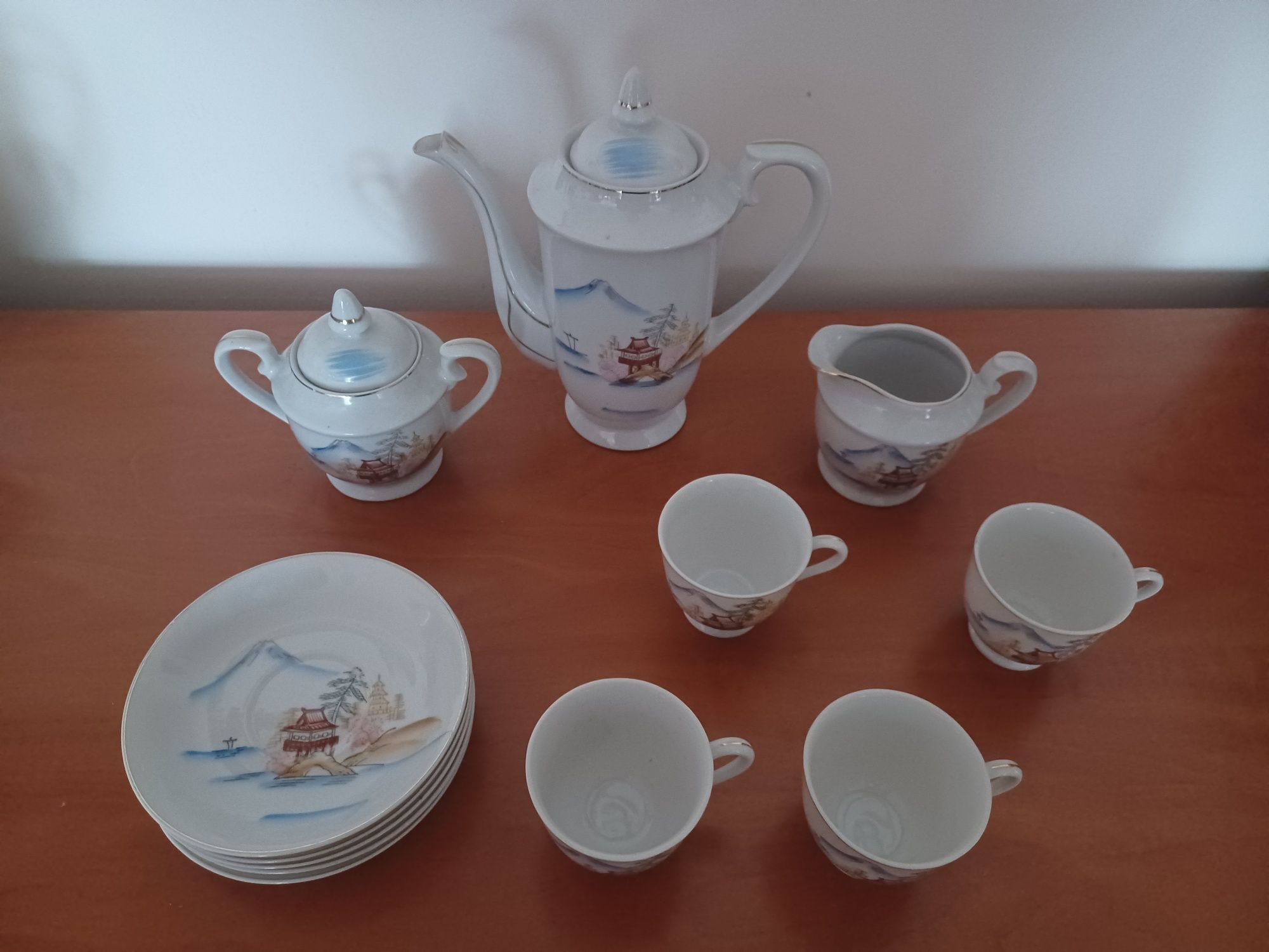 Serviço de Café Chinês com litofano de Gueixas