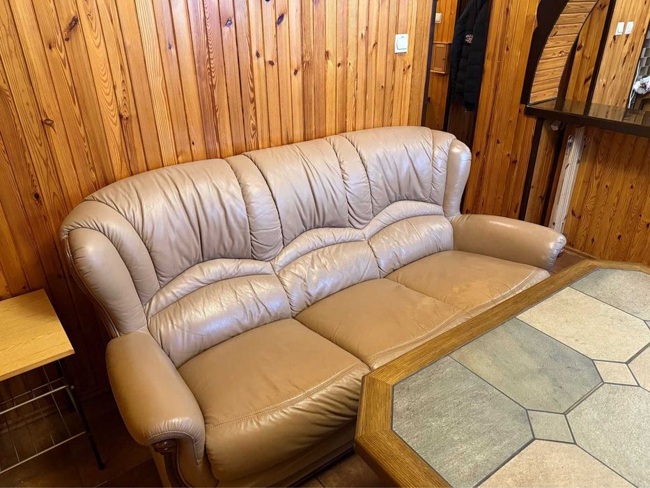 Meble skórzane drewniane komplet / sofa 3os 2os fotel stolik skóra