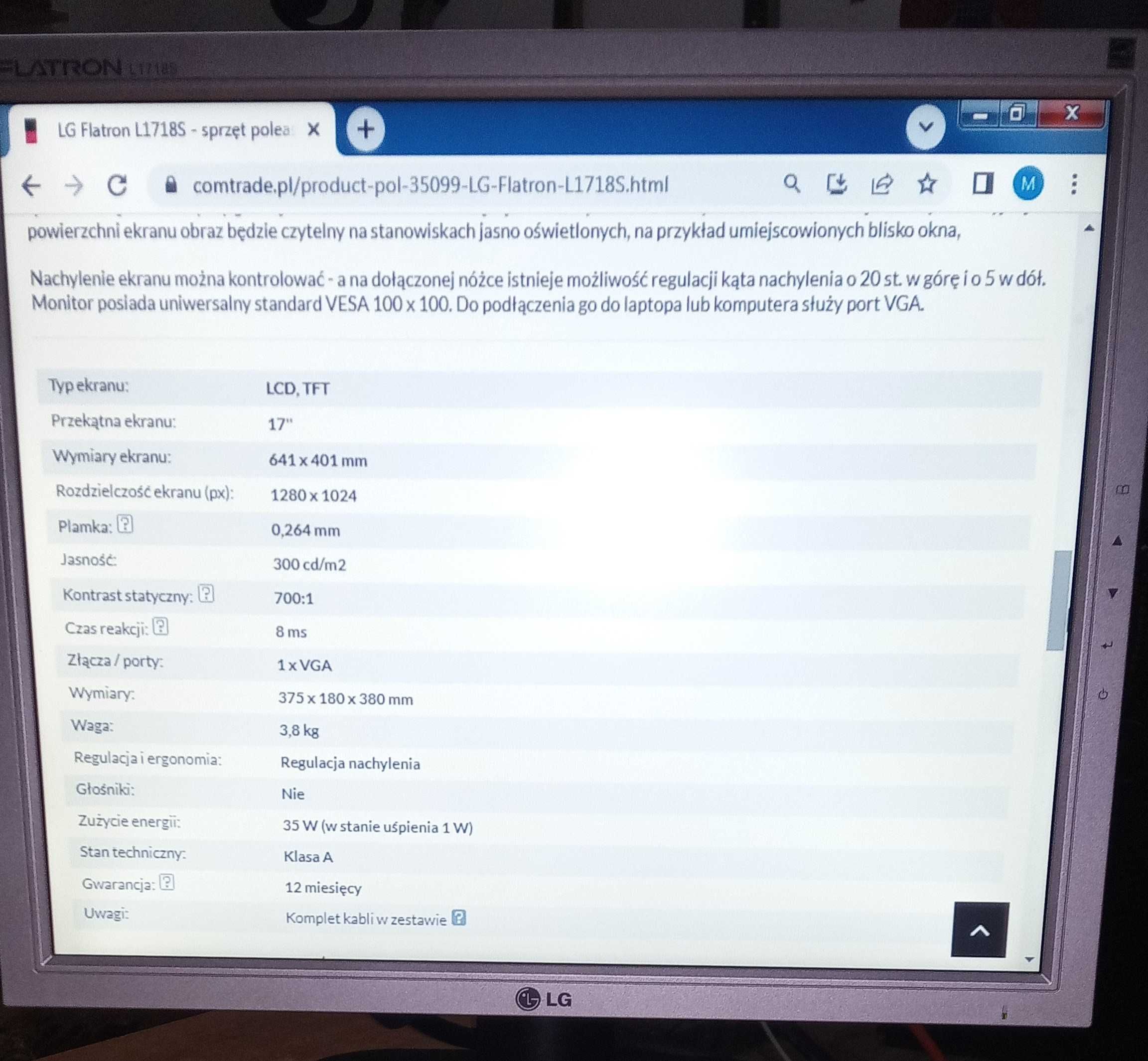 MONITOR LG Flatron L1718S-SN + przewody //mały zgrabny