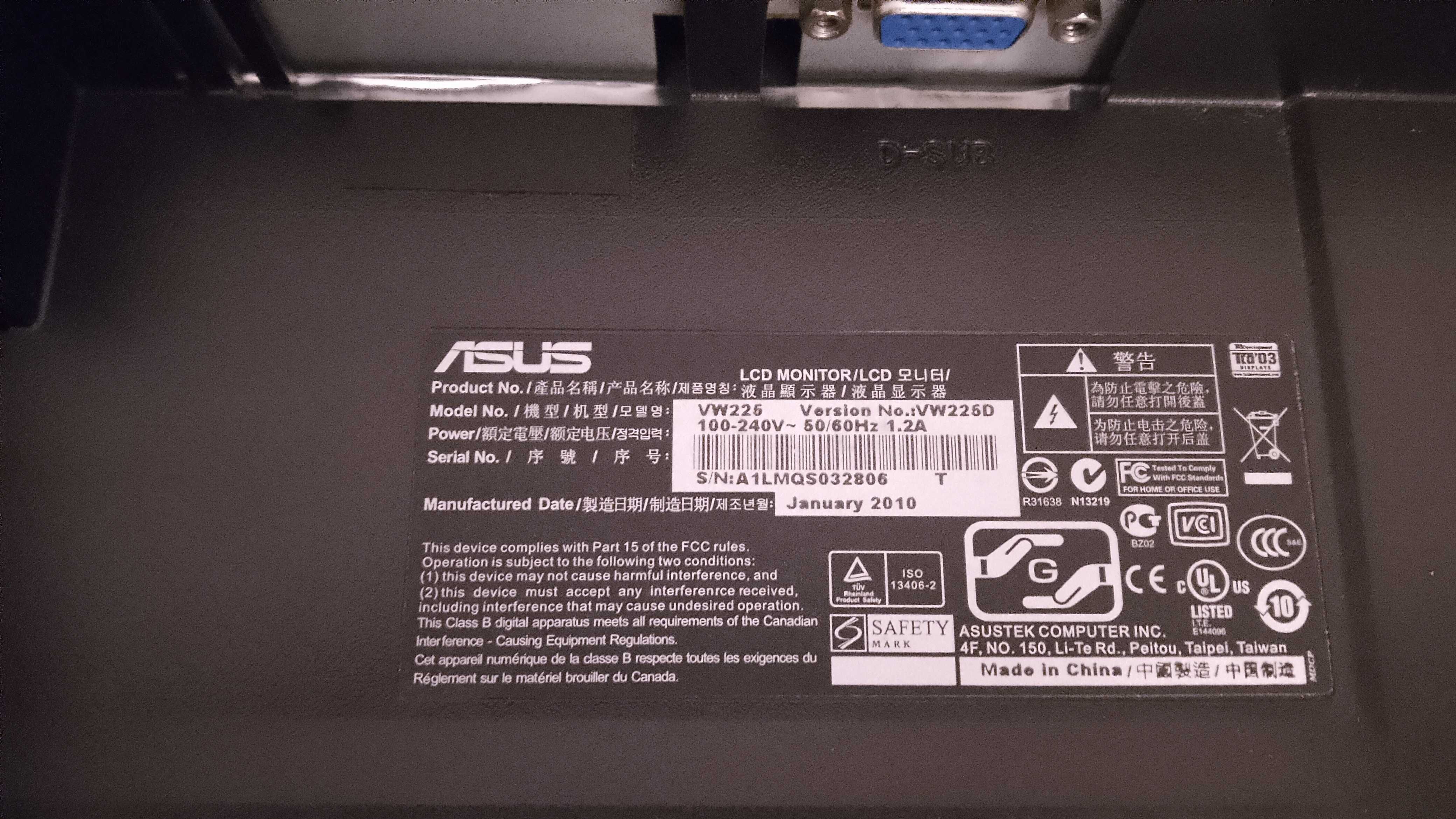 monitor 22'' 1680x1050 Asus VW226D VGA D-Sub