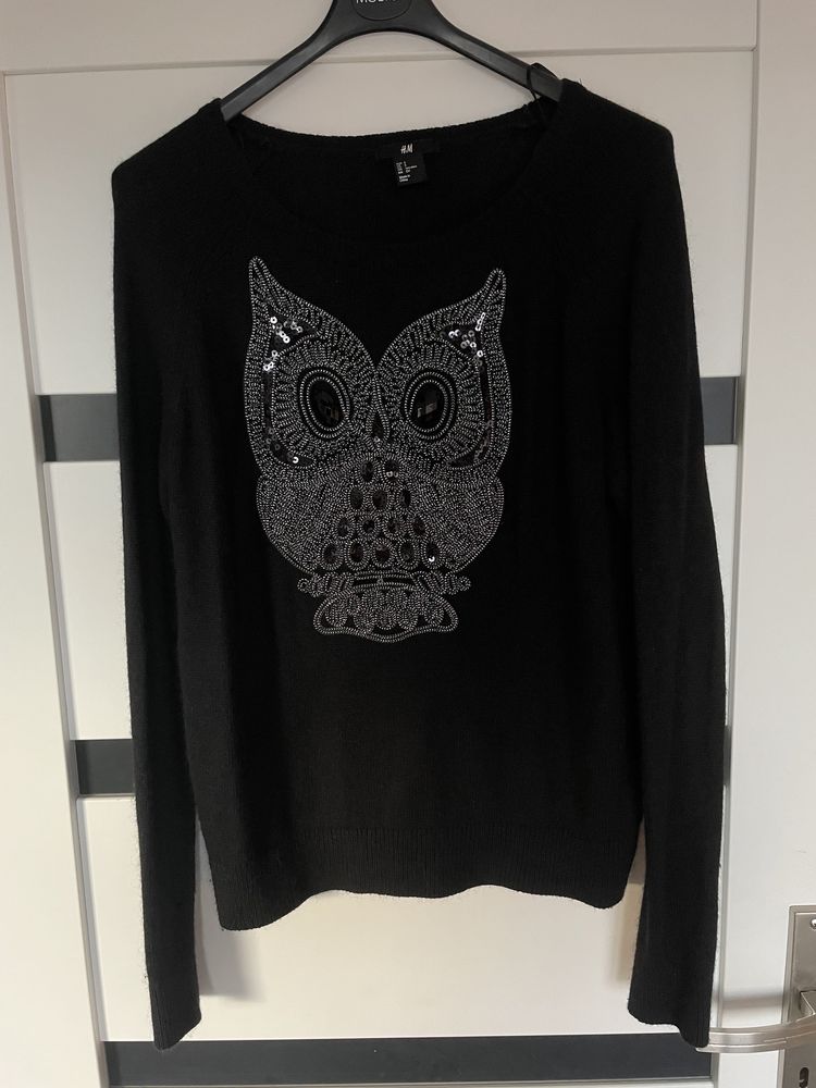 Sweter sweterek przez głowę miękki ciepły sowa damski cyrkonie