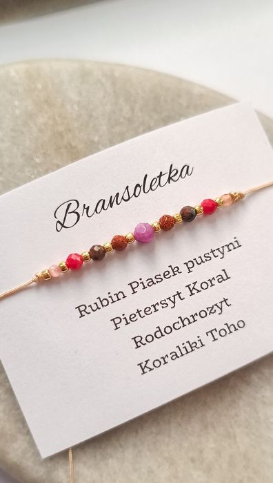 Delikatna bransoletka kamienie naturalne rubin piasek pustyni koral
