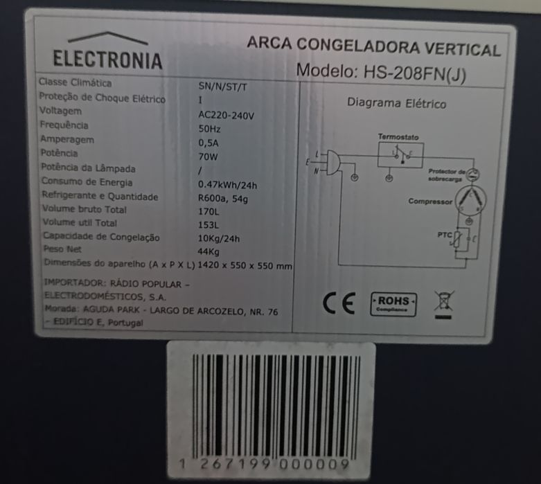 arca congeladora vertical electronia HS-208 FN(J)