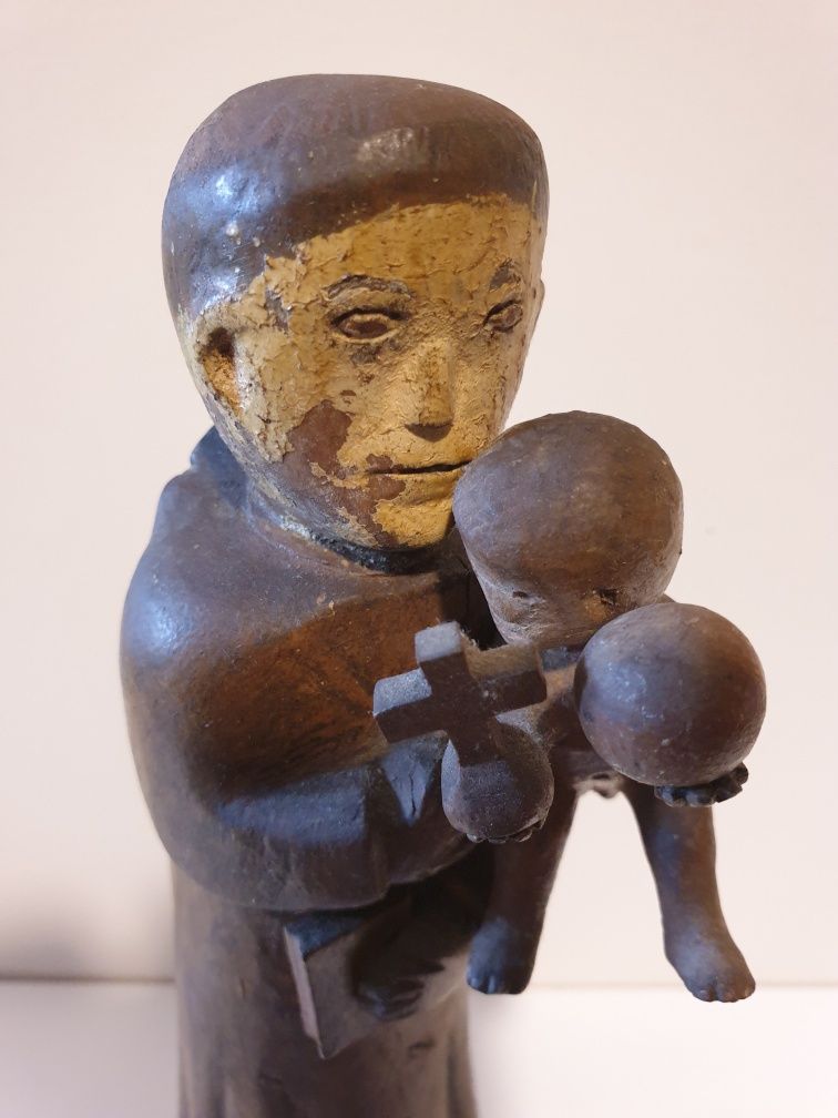 Invulgar antiga escultura de Santo António com o Menino em madeira