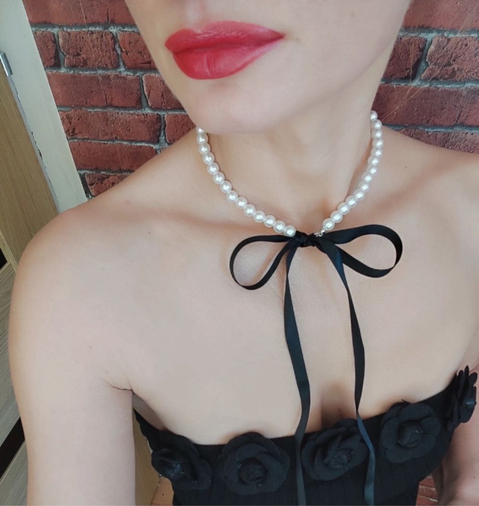 Naszyjnik z perełek kokarda karnawał studniowka gatsby victorian