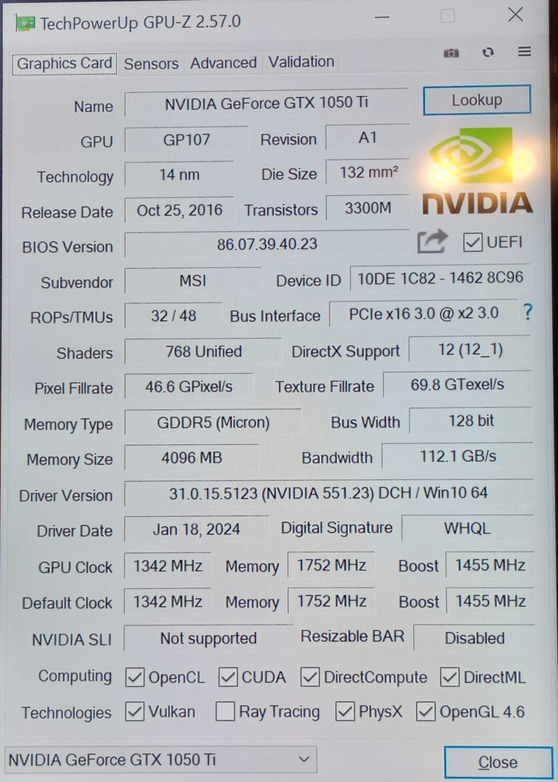 Karta graficzna MSI GeForce GTX 1050Ti 4GB GDDR5 OC gry FullHD