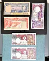 Angola notas 100, 500 e 1000, de 1970 e 1973