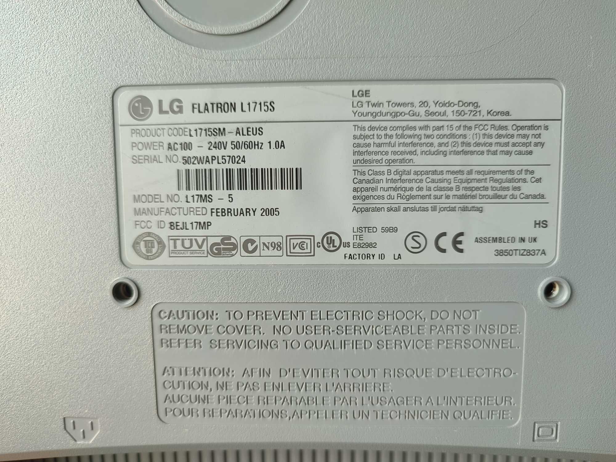 Monitor LG Flatron L1715S para peças