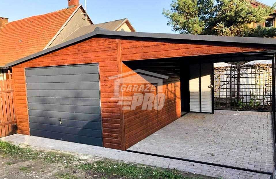 Garaż blaszany 4x6 + wiata 3m. Brama Drzwi - Blachodachówka GP88