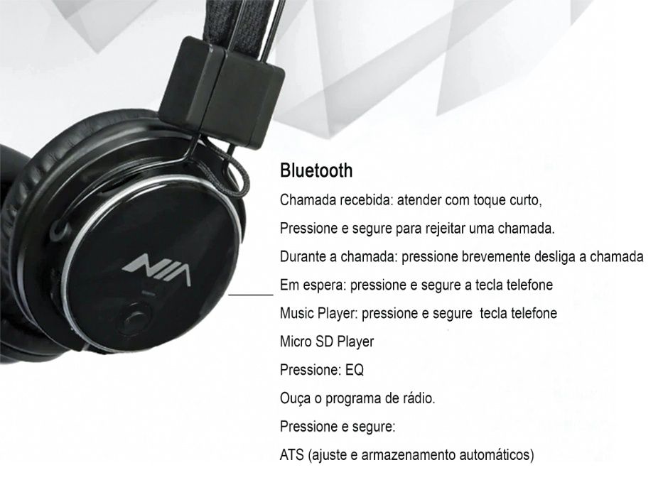 Headphone NIA Q8 Stereo Bluetooth, Música (cartão Micro SD), Rádio