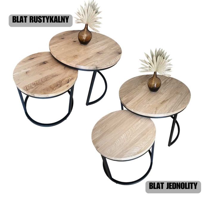 Stolik Kawowy Okrągły Ława 70 Stal Loft Drewno Naturalne Dąb