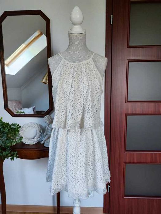 Sukienka koronkowa bawełniana koronka ecru kremowa XS 34 Mango