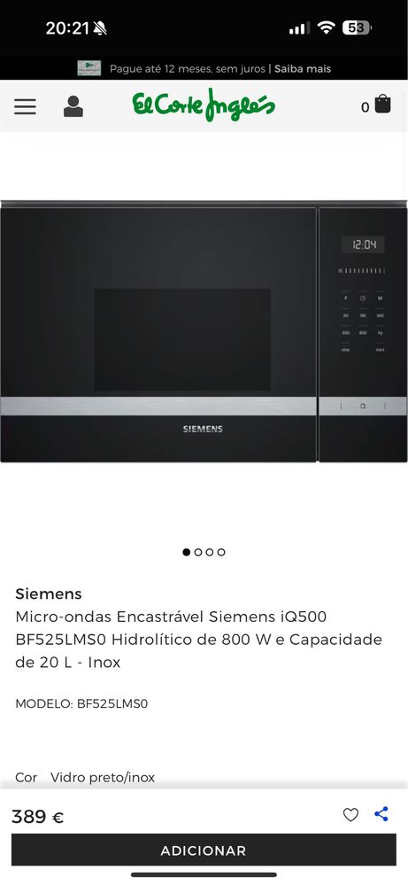 Micro-ondas Encastrável Siemens iQ500 BF525LMS0 Hidrolítico de 800 W