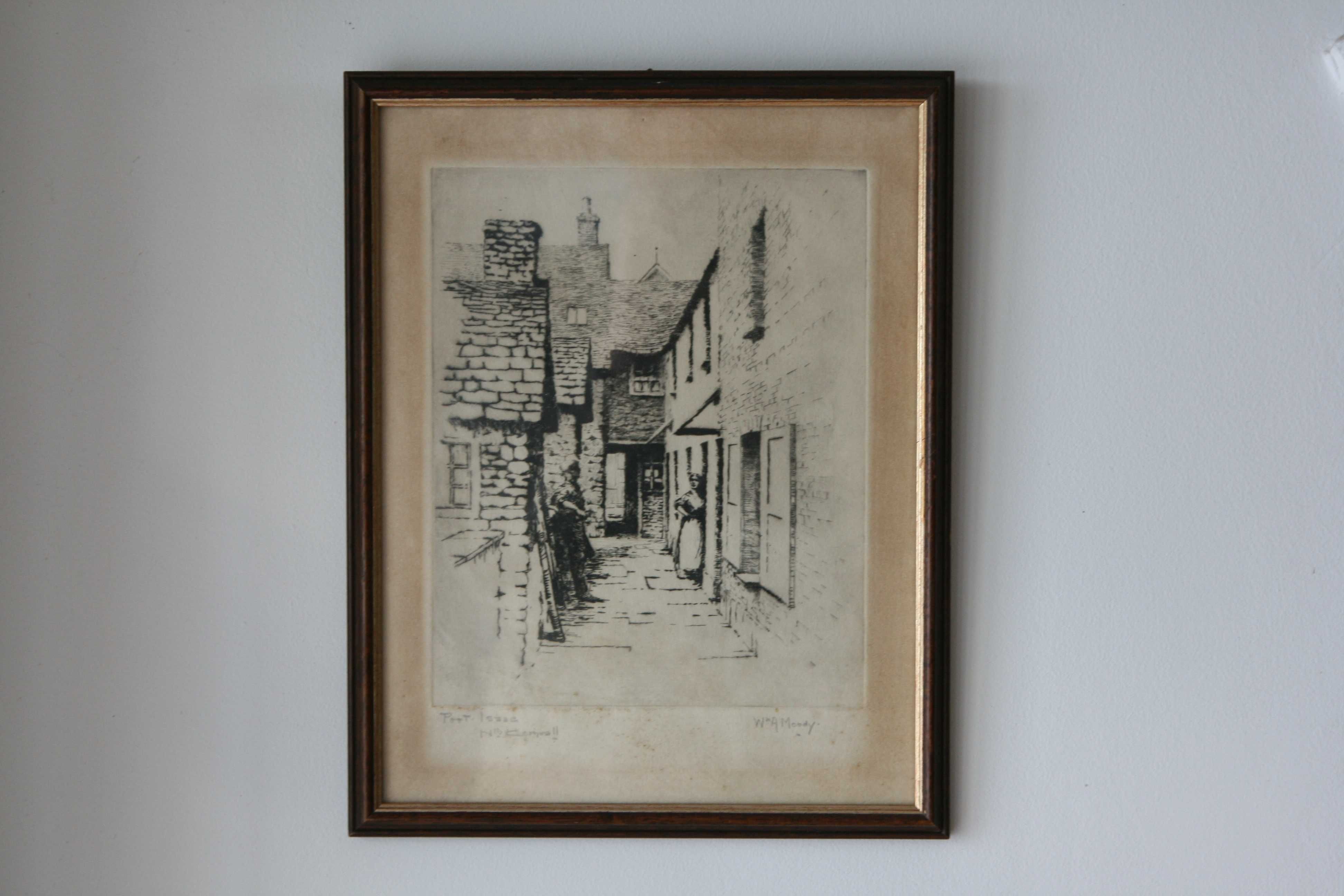 Akwaforta W. A. Moody Port Isaac w Kornwalii, połowa XX  w.