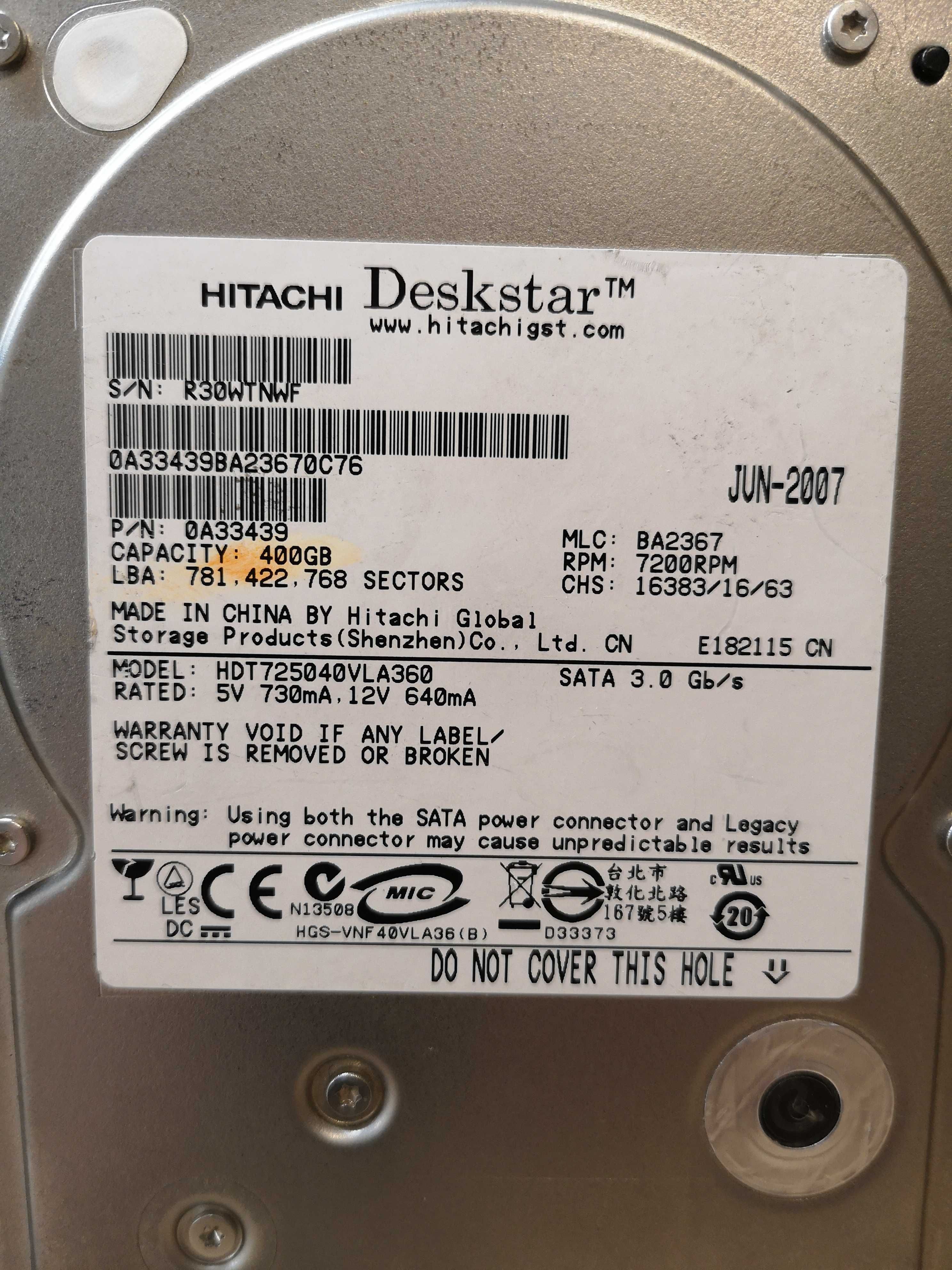 Не рабочий жёсткий диск Hdd  3.5" Hitachi 400 Gb на восстановление