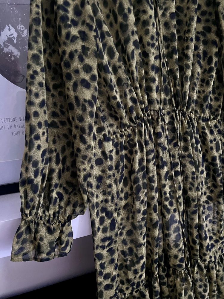 H&M 38 M szyfonowa leopard print midi boho panterka falbanki mgiełka