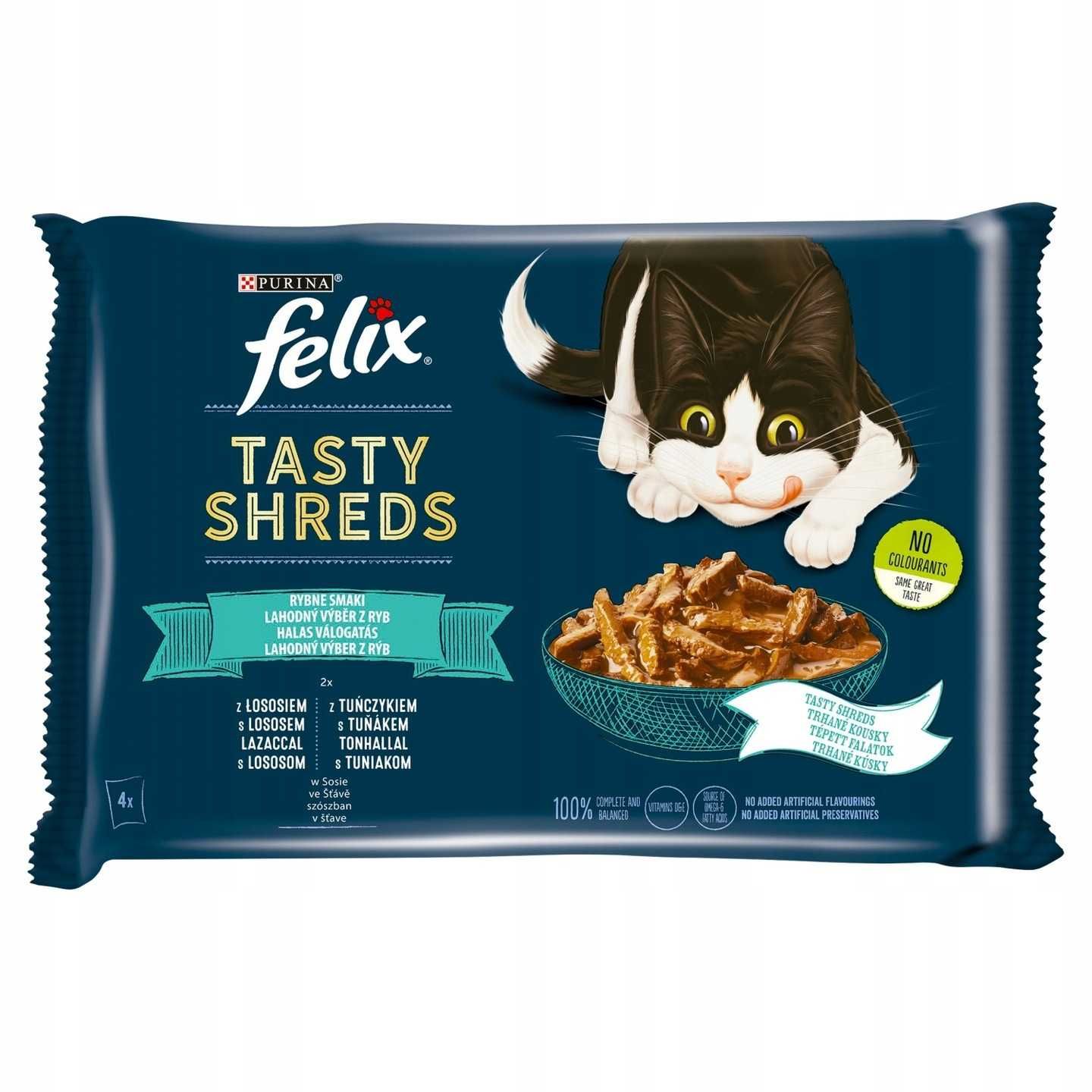 Mokra Karma PURINA FELIX TASTY SHREDS Rybne Smaki Łosoś Tuńczyk 16x80g