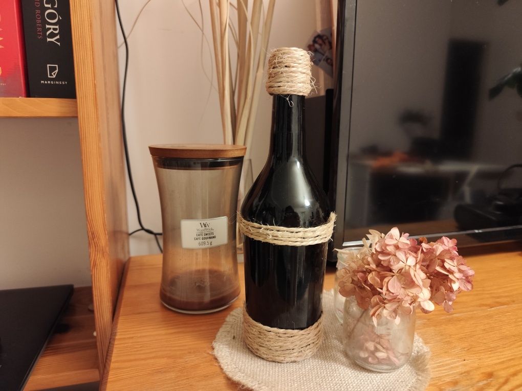 Butelka czarna boho z jutą ozdoba wazon rustykalna dekoracja handmade