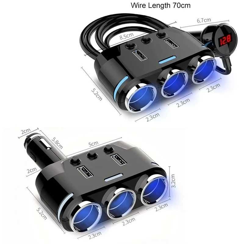 Разветвитель для авто YANTU 3 в 1 + 2 USB 12-24 вольт
