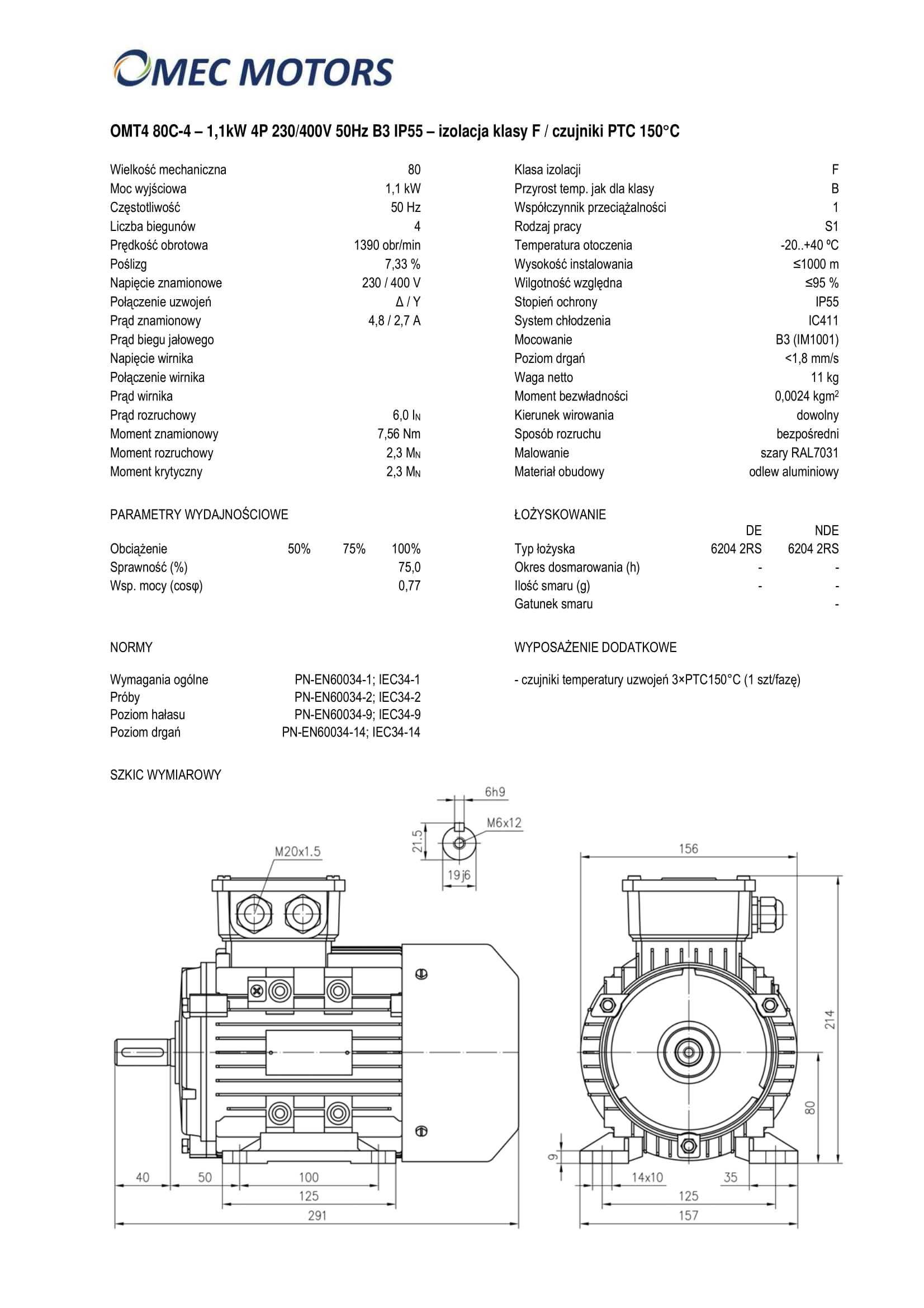 silnik elektryczny 1,1kW 1400obr. 3fazowy 80B3 OMT