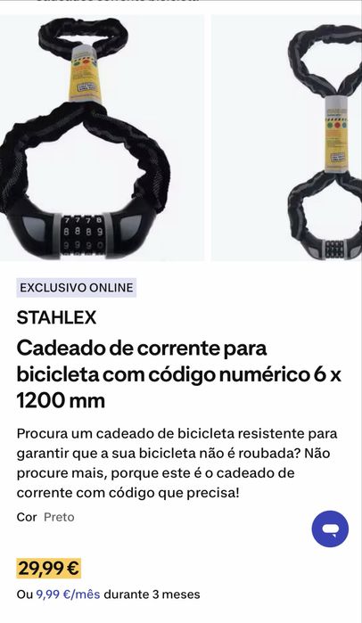 Cadeado de corrente para bicicleta com código numérico 6