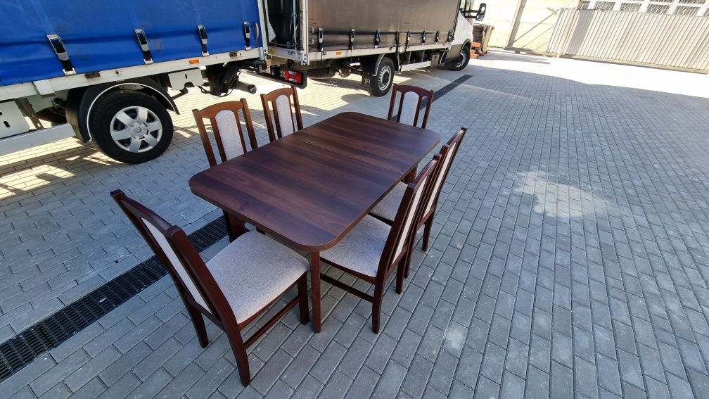 Nowe: Stół 80x140/180 + 6 krzeseł, orzech + kawa z mlekiem, dostawa PL