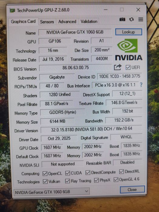 Відеокарта 6GB Geforce GTX 1060 AORUS